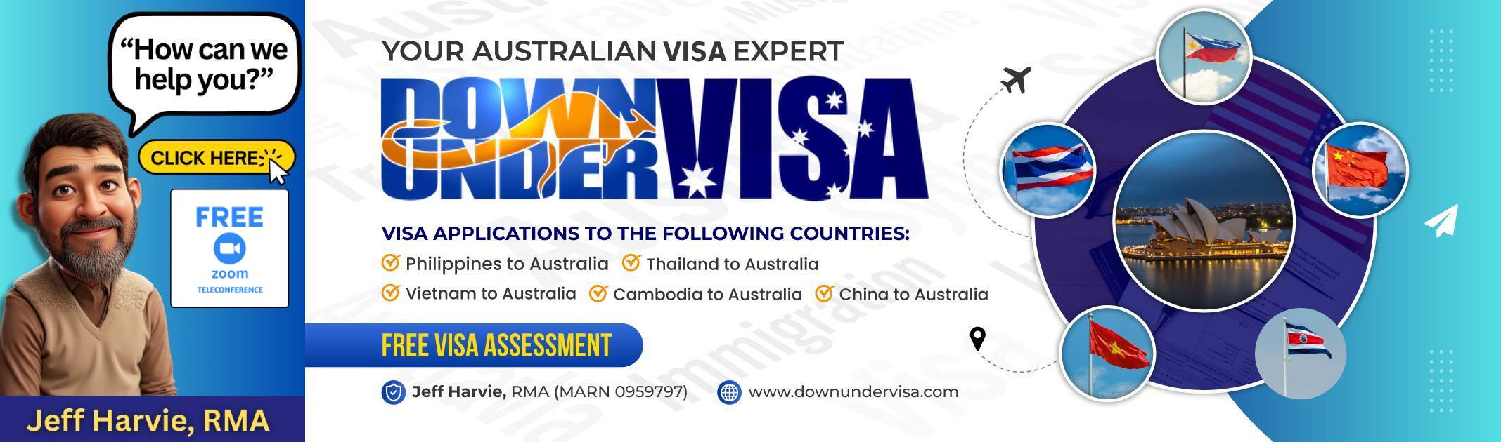 Down Under Visa — your Australian visa expert. Free visa assessment for partner visa applications from the Philippines, Thailand, Vietnam, Cambodia and China. Jeff Harvie, Registered Migration Agent, MARN 0959797.